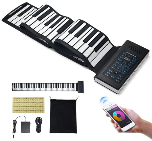 VEVOR Rollpiano mit 88 Tasten, 128 Rhythmen, 128 Töne, Faltbares Klavier zusammenrollbar mit wiederaufladbarem Akku, 2-W-Lautsprecher, LED-Anzeige, 5 Anschlüsse, MIDI-Funktion, Schwarz