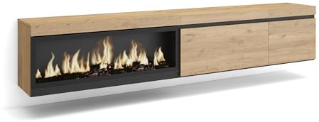 Skraut Home | TV-Schrank, Lowboard | für Wohnzimmer und Esszimmer | 237x45x35 cm | Für großformatiges TV | Elektrokamin XXL | Hängend | Moderner Stil | Eiche