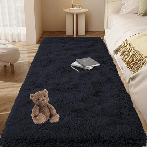 GOUTUI Bettvorleger Schlafzimmer 60 x 180 cm Flauschig Felloptik Longhair Flauschiger Teppiche Wohnzimmer Deko für Stühle Sofa Schlafzimmer Kinderzimmer, Schwarz