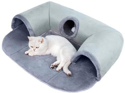 Katzentunnel Katzenbett 2-in-1 Katzen Spieltunnel Mit Hängendem Ballspielzeug, Waschbare Katzenbetthöhle Faltbares Katzen Bett Cat Tunnel Für Kleine Katzen