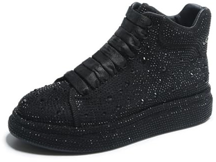 Amtopiyo Chaussures de sport à lacets pour femme avec strass et paillettes, noir, 37.5 EU