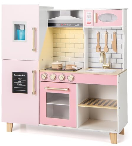 GOPLUS Cuisine Enfant avec Lumières et Sons Réalistes, Cuisine de Jeu avec Hotte, Cuisinière, Tableau Noir, Distributeur d'eau, Four, Evier et Robinet, Jouet d'Imitation pour 3+ Ans (Rose)