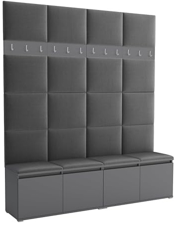 Brent - Garderobenschrank Flur Grau mit sitzbank 200 cm Breit Luton 2 - Multifunktionale Flurgarderobe Set mit Stauraum und Wandpaneel, Garderobe mit Sitzfläche und Kleiderhaken