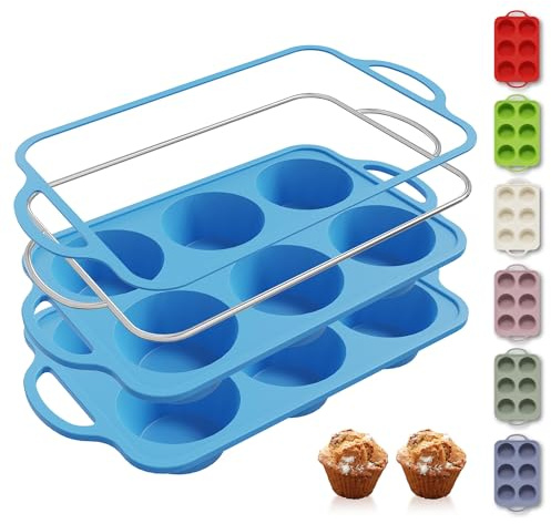 Socisen 2 Packs 6 Cups Silicone Muffin Pan with Metal Reinforced Frame Jumbo Size Cupcake Pan Tray Egg Bites Silicone Molds Muffin Tin Tart Pans Bundt Pan Reposteria Accesorios Moldes Para Pasteles