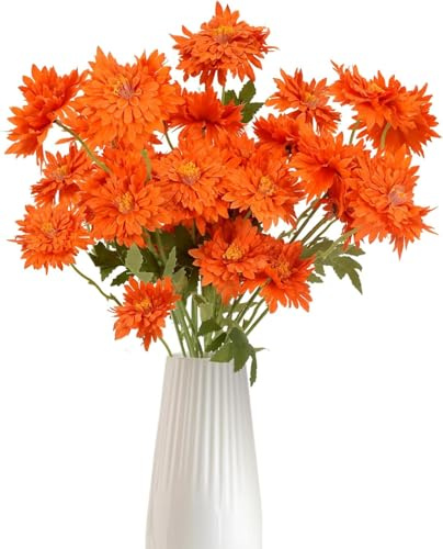 HUAESIN 6PCS Künstliche Blumen Orange Kunstblumen Chrysantheme Seidenblumen Plastik Blumen Deko für Terrarium Vase Hochzeit Blumengestecke Balkon Garten