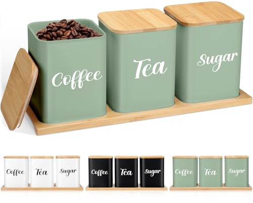 Tioncy Coffee Tea Sugar Container with Tray Set of 3 Airtight Metal Canister with Bamboo Lid Tray for Kitchen Counter Dining Room Farm House Kitchen Style Drink Station Organizer Set (Sage Green)