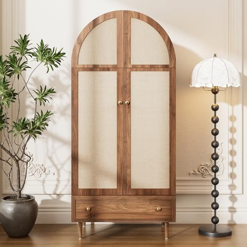 Armadio per cameretta dei bambini, con ante in tessuto e cassetto, effetto noce, piedini in legno, pratico spazio per vestiti e accessori, scomparti per camera da letto