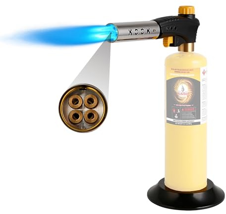 KOOKCOOK Propane Torch Head,Quad-Flame Blow Torch Kit with Propane Tank Base for MAPP MAP Gas,Work in All Angle,Trigger Start Torch Gun Ideal for Welding Brazing Soldering Grill Camping Cooking Food