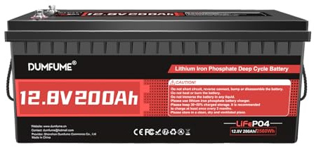 Dumfume 12V 200Ah LiFePO4 Lithium Batterie, Eingebauter 200A BMS 8000+ Zyklen, Tiefentladeschutz Lithium Eisenphosphat Akku für Wohnmobil, Solar, Inselanlagen
