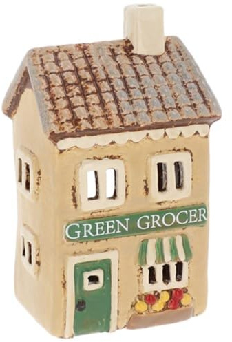 Lescale Furnishings Ceramic Village Green Grocer House Tea Light Candle Holder – Sweet Cream Village Shop Décor (15×8.5×6.5 cm) – Dual Lighting Compatible with Tealight or Battery Candle