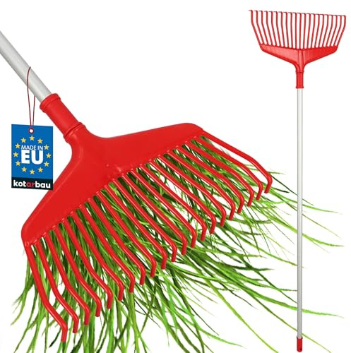 KOTARBAU® Laubrechen Kunststoff - 38 cm - mit Aluminiumstiel 1,3 m - Extra-Click - Heurechen - Laubharke - Rechen für Herbstlaub & Heckenschnitt - Gartenrechen - Kunststoff - Rot & Silber