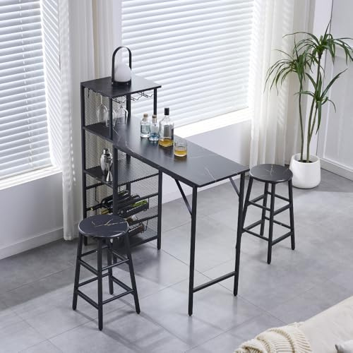 3-Piece Bar Table Set, Breakfast Bar Table and 2 Stools Set with Wine Rack, Glass Holder, Shelves & Hooks, Counter Height Dining Table Set for Kitchen Living Room Dining Room Home Bar (Black Marble)