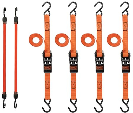 Black+Decker BDX1018 Black/Orange 6-Piece 10' Ratchet Strap and 36” Bungee Strap Set - 300 lb Safe Working Load / 900 lb Break Strength