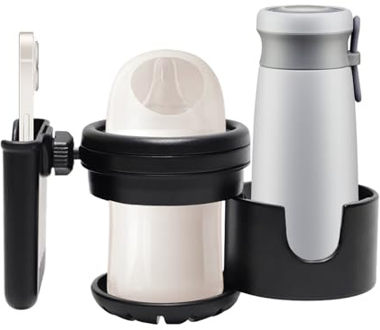 Soporte para bebidas para cochecito, soporte para teléfono de doble taza, abrazadera antideslizante giratoria de 360°, accesorio organizador de bebidas para silla de ruedas, bicicleta, scooter