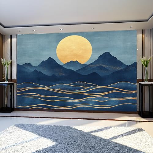 Fotomural Montañas abstractas al atardecer 300 x 210 cm Azul Cielo Papel Pintado Tejido No Tejido Fotográfico para Dormitorio, Oficina y Hotel