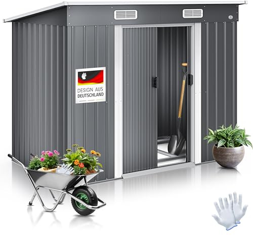 KESSER® - Gerätehaus L Metall 4 m³ mit Fundament | 194x112x181 cm | 2X Schiebetür & Fundament | Geräteschuppen | Gartenhaus Schrank | Pultdach Garten Schuppen, Ink. Arbeitshandschuhe Grau
