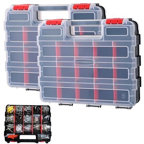 DASBET 2PCS Double-Sided Tool Organizers 34-Compartment Storage Box | Screw Storage Removable Dividers Tool Box with Transparent Lid DIY Hardware Assortment Organizer for Screws (Red)