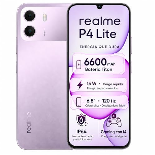realme P4 Lite Smartphone, 4+64 GB, Batería Titan 6600mAh, Pantalla 6.8 120Hz, hasta 12GB RAM Dinámica, Protección ArmorShell, Gran Batería Carga Rápida Móvil, Morado