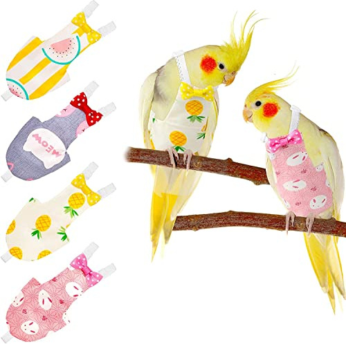 Namvo 4 Pieces Bird Diapers, Flight Suite Liners, Washable Reusable Protective Parrot Nappy Clothes with Waterproof Inner Layer Cute Urine Wet Suit for Parrot Macaw Budgies Parakeet L Size