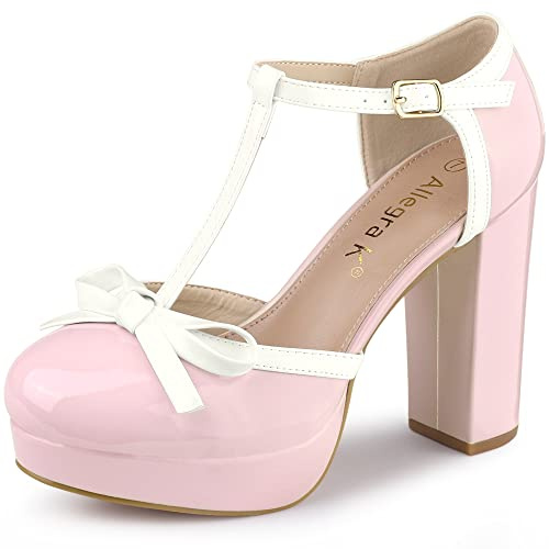 Allegra K Chaussures à plateforme avec nœud et lanière à talon épais pour femmes, rose, 38 EU