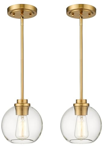 Audickic Brass Pendant Lights Kitchen Island 2 Pack, Farmhouse Gold Pendant Light with Clear Glass Globe Shade, Kitchen Island Lighting for Dining Room Entryway, AD-22280-1P2-GD-C