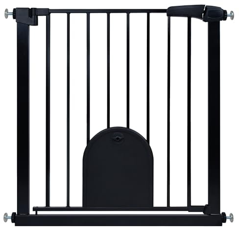 HENGMEI Valla Seguridad, Rejilla de protección para escaleras, sin agujeros, 75-85 cm, cierre automático, puerta de metal para seguridad infantil, color negro (con puerta para mascotas)