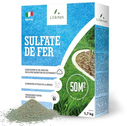 LERAVA® Solfato di ferro antimuschio [ELIMINA MUSCHIO] - 50m² - Concime prato granulare acidificante - Antimuschio per prato e giardino - Rinverdente prato a lunga durata - concime per prato