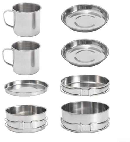 8-teiliges Outdoor-Kochgeschirr-Set, Outdoor-Kochgeschirr-Set, Edelstahl, Campingausrüstung für Picknick, Camping, Wandern, Rucksackreisen, Trekking, Angeln