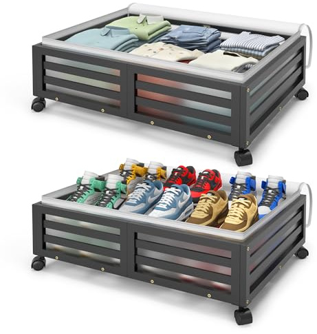 Xadgve Contenitori sotto il letto, in bambù, 2 cassetti, sacchetti antipolvere da 48 l, con ruote, impilabili