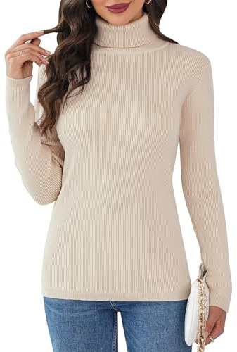 Aottori Jersey Cuello Alto Mujer Invierno Suéter de Punto Elegante Cuello Vuelto Manga Larga Sólido Ajustado Casual Pullover Túnica Tops Albaricoque S