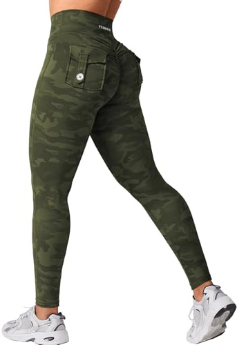 YEOREO Leggings with Pockets for Women Charm Scrunch Workout Leggings V Cross Waist Butt Lifting Gym Yoga Pants Army Green Camo M