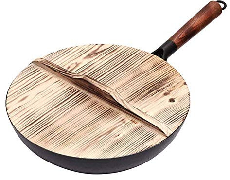 Wok in acciaio al carbonio con coperchio, per cottura gourmet, fatto a mano, non rivestito, antiaderente, resistente alla ruggine, per fornelli elettrici, a induzione, a gas