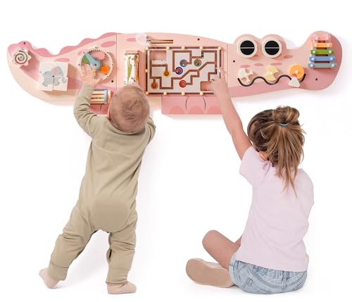 ROBUD Wandmontiertes Montessori Busy Board, 8-in-1 Activity Board Spielzeug Holz Beschäftigungsbrett mit Magnetischem Perlenlabyrinth, Xylophon, Zahnrädern, Geschenk für Kinder Mädchen ab 3 Jahre
