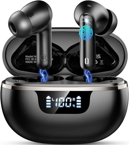 Wireless Earbuds, Bluetooth 5.4 Headphones with 4 ENC Noise Cancelling Microphone, Ear buds with HiFi Stereo Deep Bass, Bluetooth Earphones 40H Playtime LED Display Fast Charge, IP7 Waterproof, Black