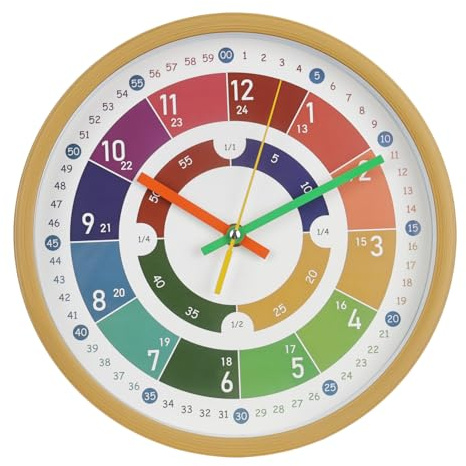 BAKBRAND Kids Wall Clock Telling Time Silent Non-Ticking Learning Clock Colorful Teaching Wall Clocks Round Plastic Analog Educational Decor Clock for Classroom, Playroom, Bedroom (EDU2-Wood, 10 inch)