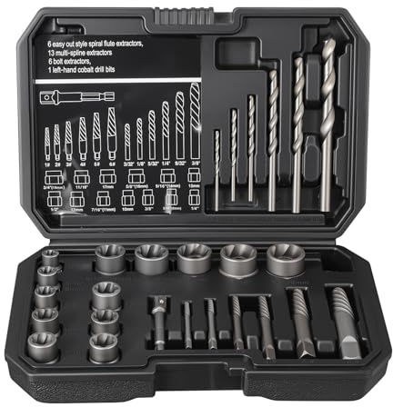 Coptiner 26PCS Broken Bolt Extractor Set,Stripped Screw Remover Kit with Drill Bits,High Hardness Carbon Steel,Easy Out Tool for Damaged Rounded Rusted Nuts & Screws