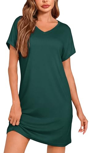 Leversic Camicia Notte Donna Maniche Corte Scollo a V Vestito Estivo Donna Pigiama Cotone Manica Corta T-Shirt da Casa Casual 1528-Verde Scuro L