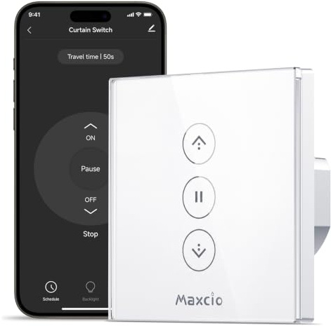Maxcio WLAN rullgardinsswitch, kompatibel med Alexa och Google Home, Smart med timer och röststyrning, neutral ledare krävs