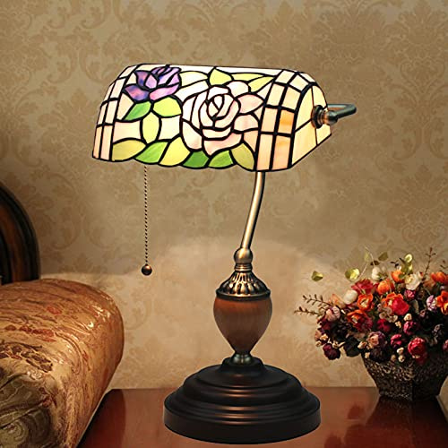 Vintage bankirlampa, bord, pianolampa, skrivbord, antik legeringsbas, nattlampa för sovrum, vardagsrum, målat glas (färg: grön) (påsklilja A)