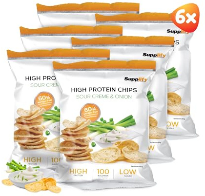 Supplify 6x50g High Protein-Chips mit Sour Cream & Onion Geschmack - Low Carb Eiweißchips zum Abnehmen - Proteinchips kalorienarm, Fitness Snack Alternative