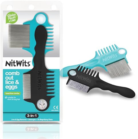 NitWits Head Lice & Egg Comb Twin Pack, 3-in-1 Lice Comb, Detangles, Removes Lice & Eggs and Includes 5x Magnifying Glass