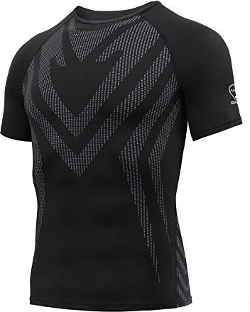 AMZSPORT Camisa de Compresión Deportiva para Hombre Camiseta de Manga Corta Camiseta de Secado Rápido Capa Base para Correr, Negro M
