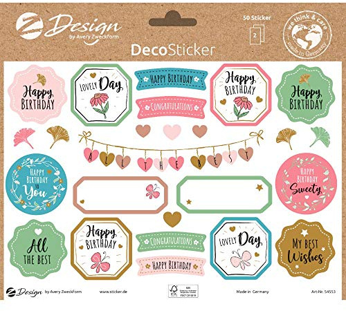AVERY Zweckform Sticker Geburtstag 50 Aufkleber Happy Birthday (Etiketten auf A5 Bogen, beschriftbare Klebeetiketten für Geschenke und Karten, mit Goldeffekt) 54553,Schwarz