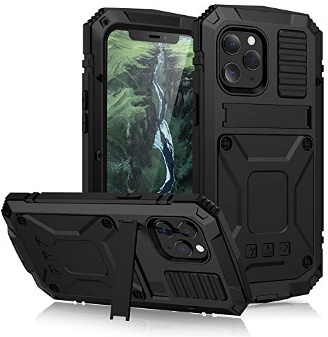 MIYIYQP For iPhone 12 Case, Aluminum Metal Gorilla Glass Waterproof Shockproof Military Heavy Duty Sturdy Protector Cover Hard Case for iPhone 12 (Black)