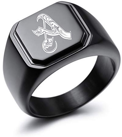 MeMeDIY Personalizzato Incisione Monogramma Lettera Anello con Sigillo per Gli Uomini Donne Custom in Acciaio Inox Nuziale Anello con Regolatori di Dimensione Dell'anello(Colore Nero Dimensione 11)