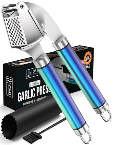 ORBLUE Knoblauchpresse Edelstahl Mehrfarbig – Premium Knoblauchpresse & Knoblauchreibe – Garlic Press mit Silikon-Schäler & Bürste, Robust, Ergonomisch & Spülmaschinenfest