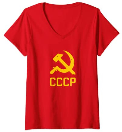Donna CCCP Falce e Martello Russia Sovietica Comunismo Rosso URSS Maglietta con Collo a V