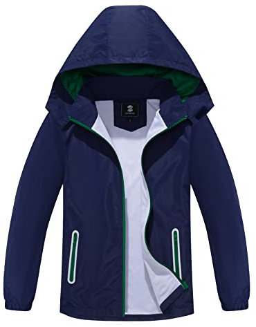 SaphiRose Kids Rain Jacket Waterproof Raincoat Mesh Lined Coat with Removable Hood for Boys Girls (Navy,5-6 years)