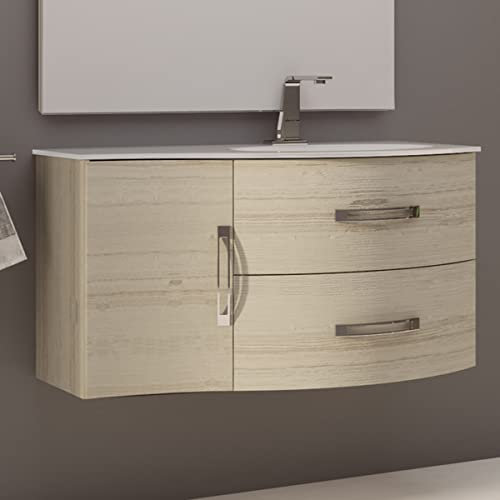 Yellowshop - Mobile bagno sospeso 104 cm vasca sx 2 cassetti curvi 1 anta specchio led (opz.) BEST (Rovere sbiancato, Mobile con lavabo)