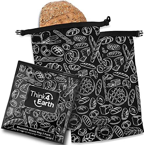 Think4Earth 2 Packs Bread Bags For Homemade Bread Loaf Freezer Bread Storage Bag Bread Container Reusable Food Storage Bag Large Bread Bags For Homemade Bread Black